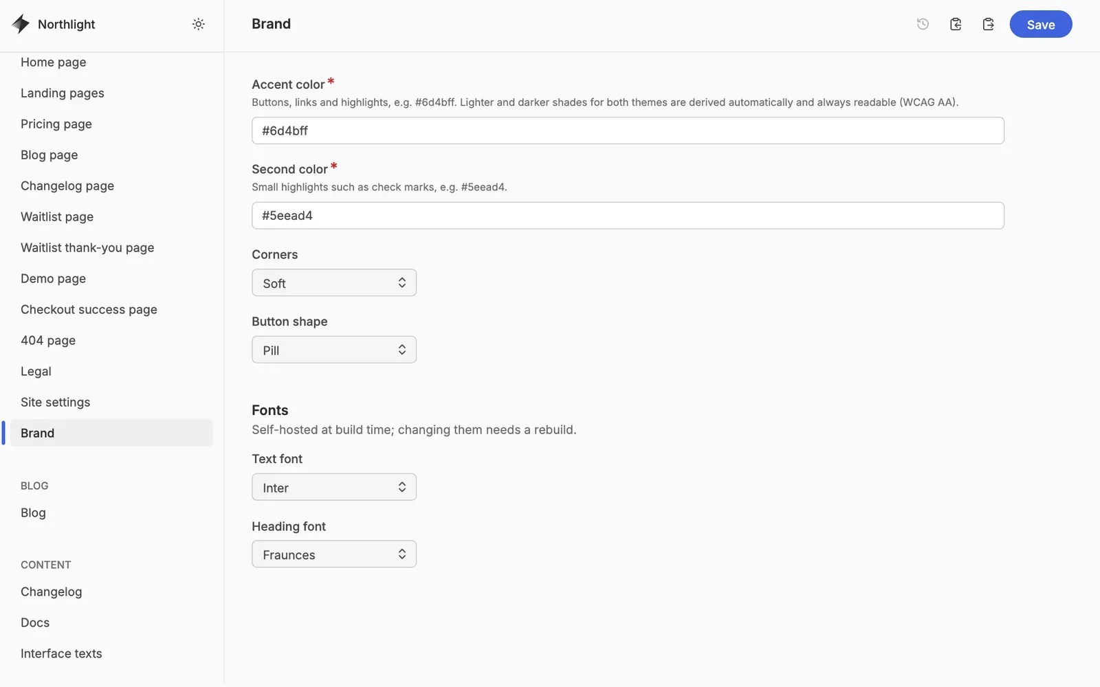 The Brand settings: accent and second color, corners, button shape and fonts