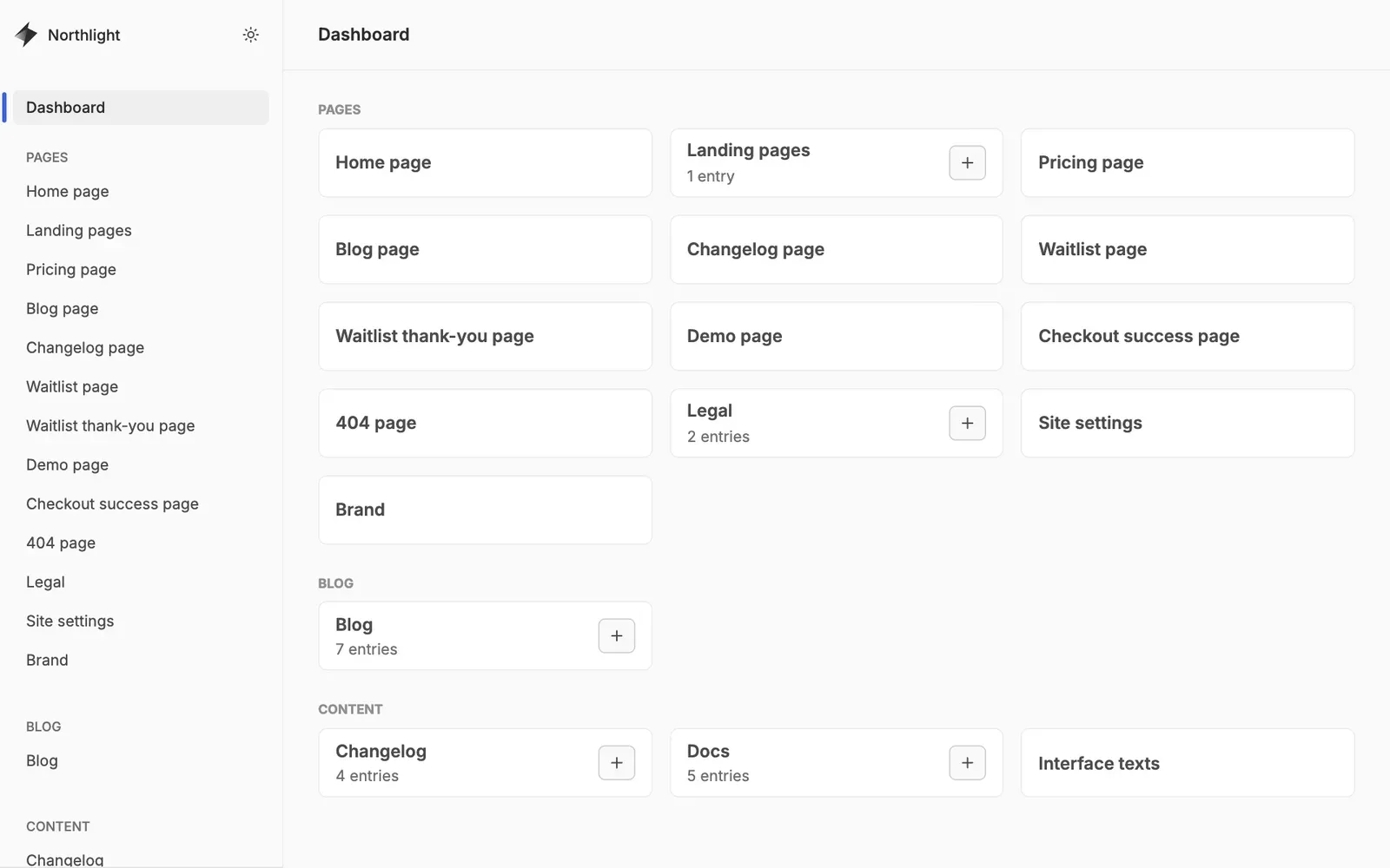 The Keystatic dashboard with every page and collection
