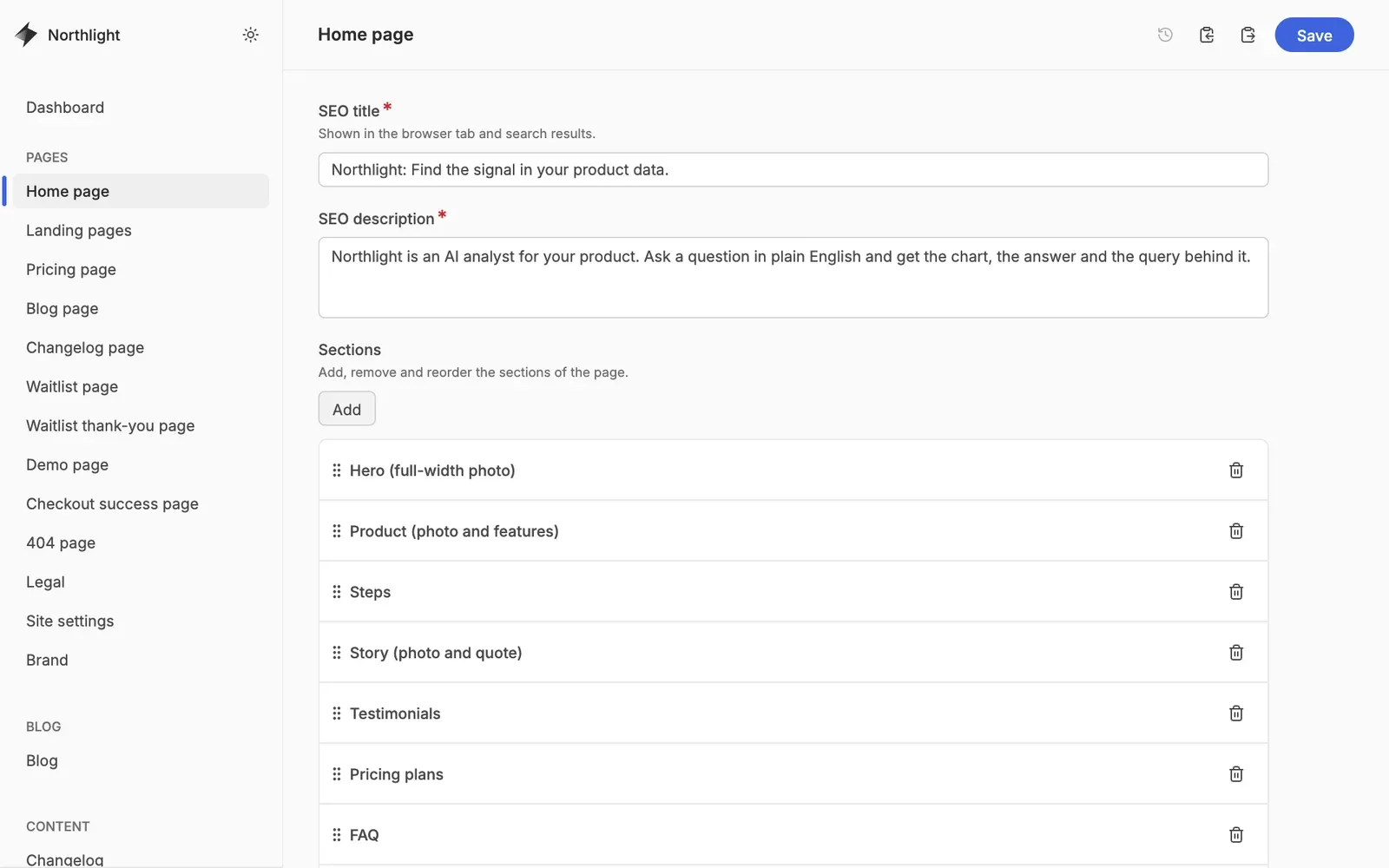 Editing the home page: SEO fields and the list of sections